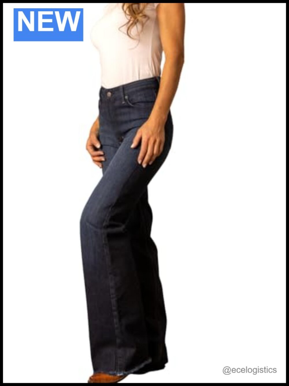 High Rise Wide Leg Jeans Raw Hem Stretch Denim